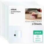 Cricut Acetate Sheets Clear: 12x12 in (30.48x30.48 cm), 6 sheets; shows packaging with a cupcake image and Cricut Genuine Product badge