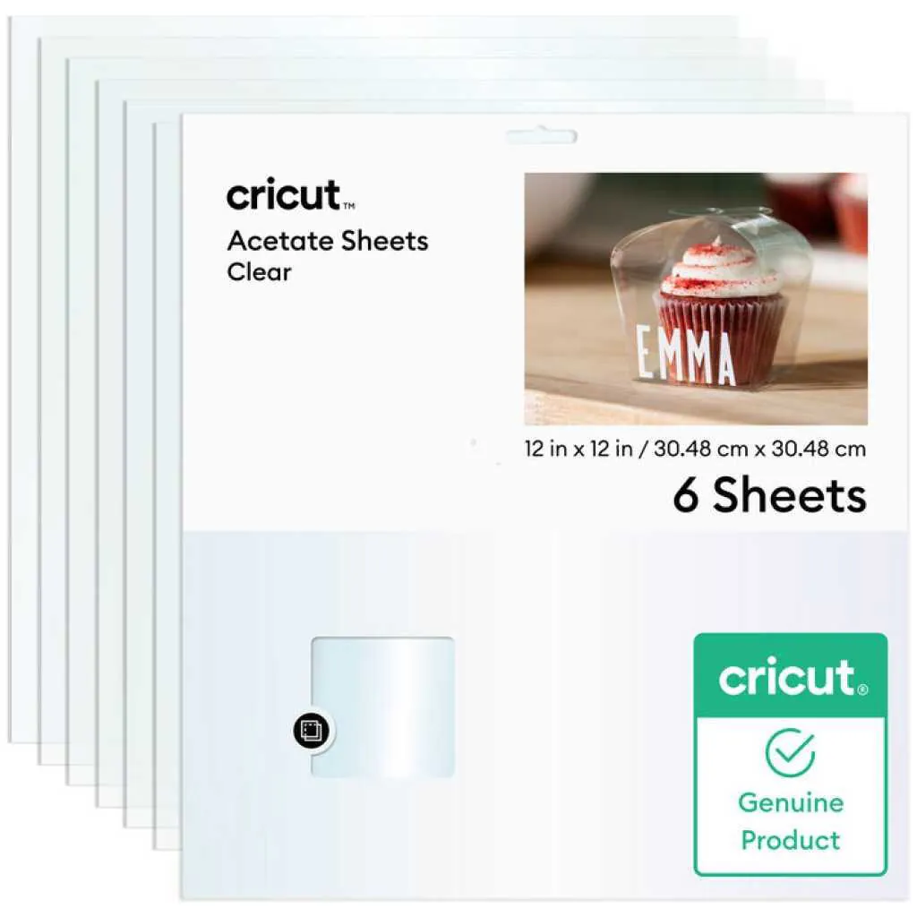 Cricut Acetate Sheets Clear: 12x12 in (30.48x30.48 cm), 6 sheets; shows packaging with a cupcake image and Cricut Genuine Product badge