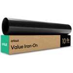 Black roll of Cricut Value Iron-On material on a brown cardboard box labeled 'Value Iron-On' and '10 ft'