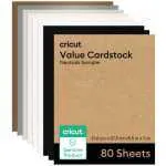 Cricut Value Cardstock Neutrals Sampler—stack of colored sheets, 80 sheets total.