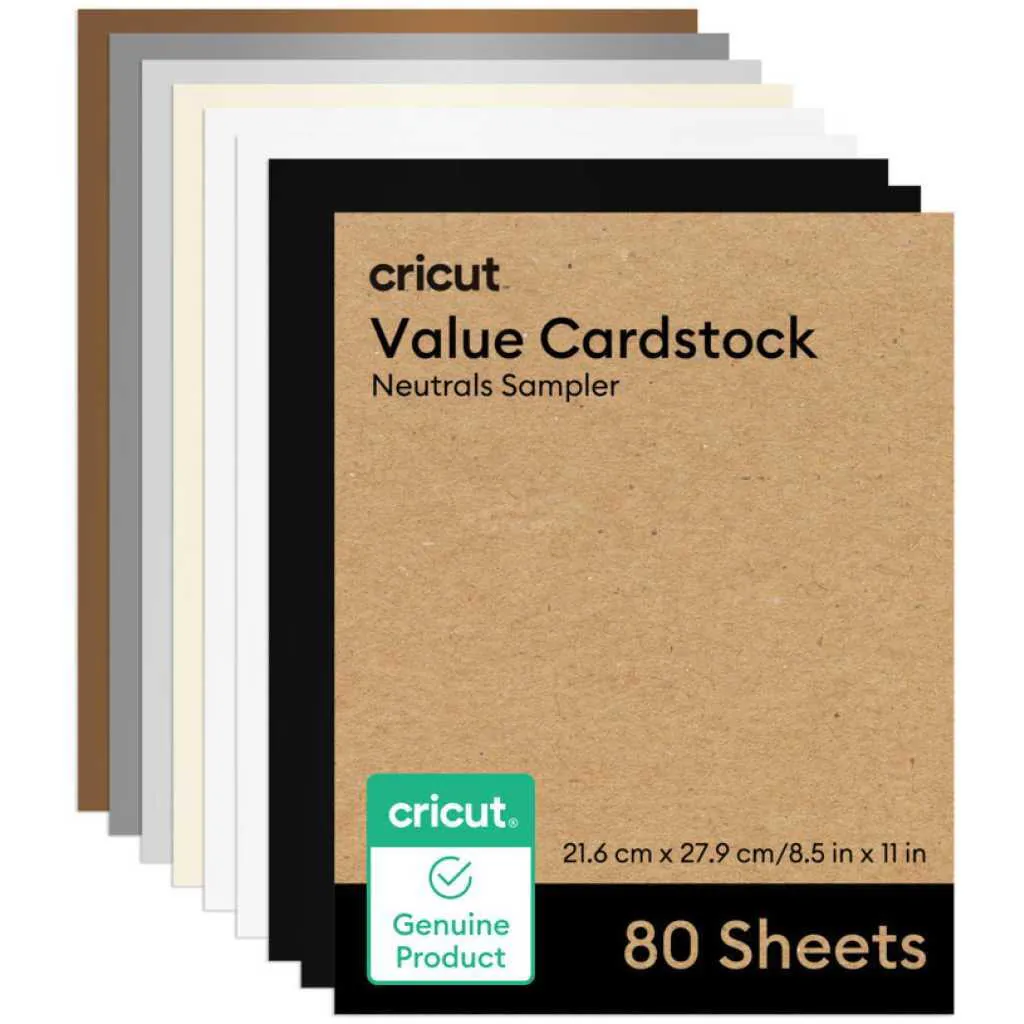 Cricut Value Cardstock Neutrals Sampler—stack of colored sheets, 80 sheets total.