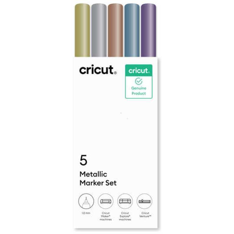 Cricut five-pack metallic marker set in olive, silver, copper, blue, and purple with a white box background on a clean surface.