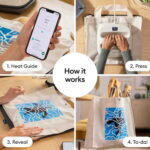 Step 1: Heat Guide — person holds phone showing heat guide for Cricut project with a tote nearby.