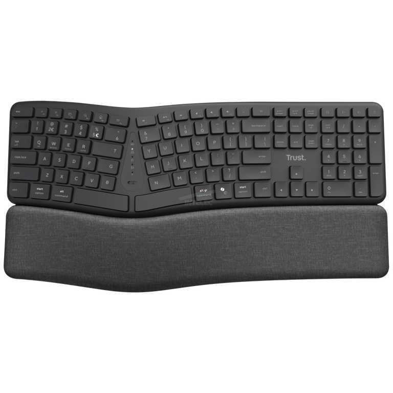 Curved black wireless keyboard with a textured gray wrist rest, branding reads 'Trust' on the right side.