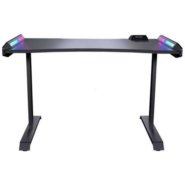 Electric sit-stand desk with a dark curved tabletop, side LED light panels, and adjustable steel legs.