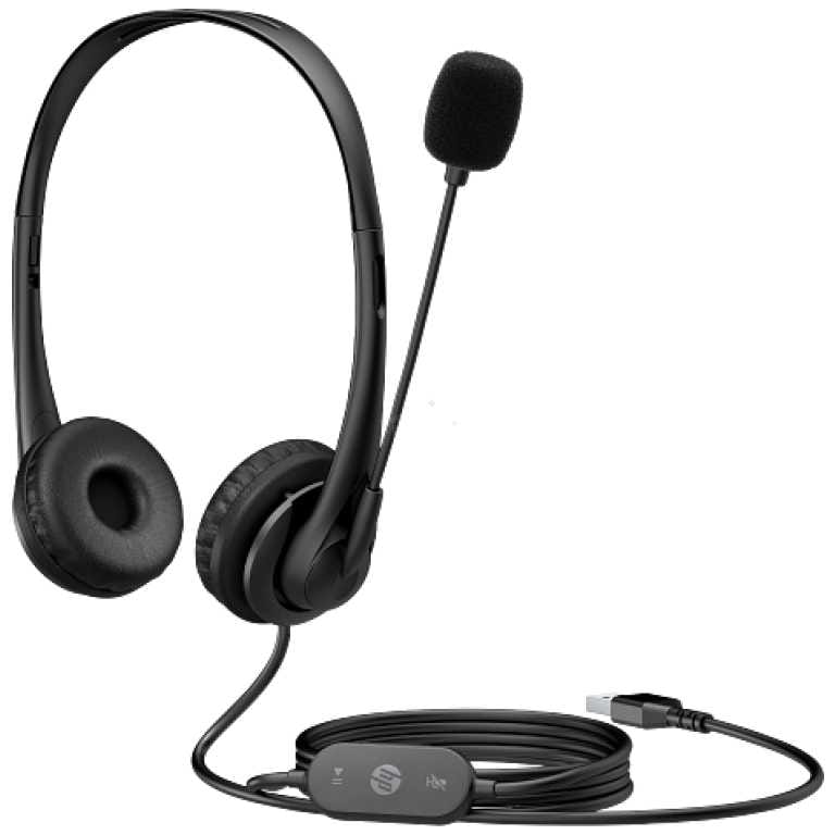 Black over-ear headset with cushioned ear pads, adjustable headband, and attached boom microphone with foam windscreen; includes USB connector and inline control module.