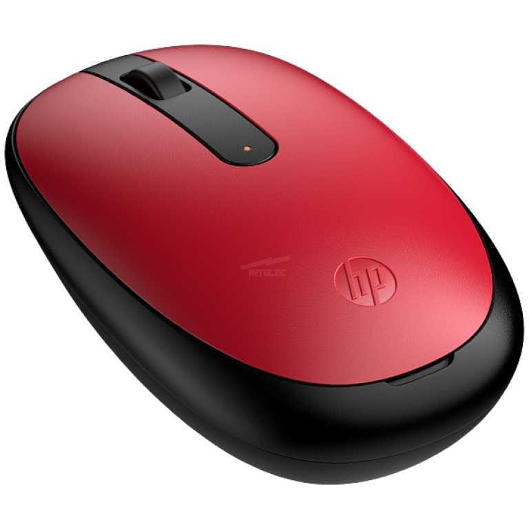 Red wireless computer mouse with a black scroll wheel on a black background
