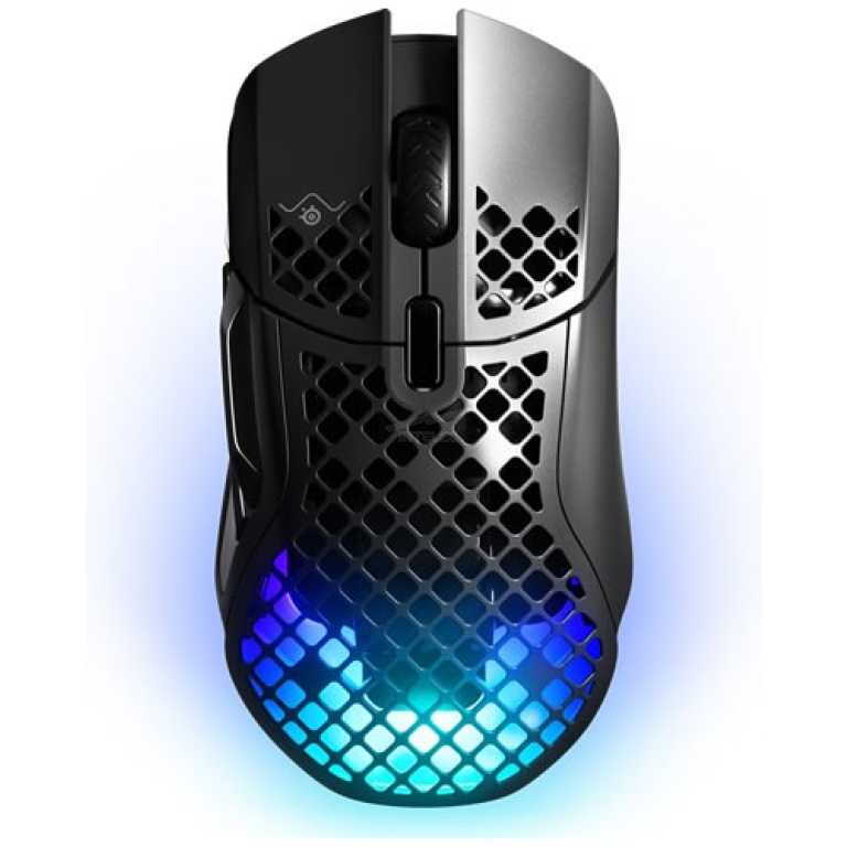Top-down view of a black gaming mouse with a honeycomb shell and blue RGB lighting at the base, positioned for use.
