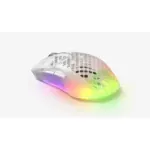 Wireless computer mouse with a translucent lattice shell and rainbow RGB lighting, used for gaming or precision work