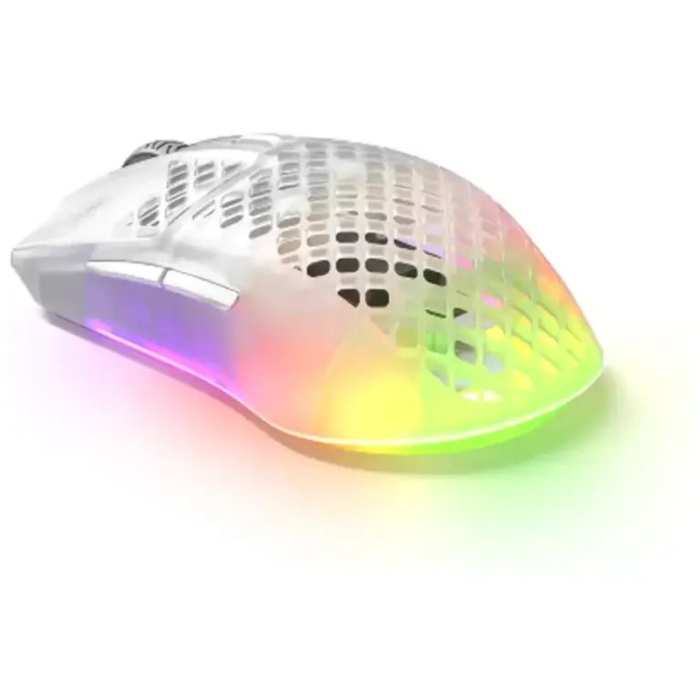 Wireless computer mouse with a translucent lattice shell and rainbow RGB lighting, used for gaming or precision work