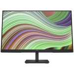 Desktop monitor on a black stand displaying a vibrant abstract wallpaper with swirling greens and browns.