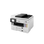 Canon Maxify multifunction printer with touchscreen control panel and visible color ink cartridges on the right side.