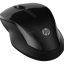 HP wireless computer mouse in glossy black with a scroll wheel, shown at an angled top view with a subtle HP logo visible on the body