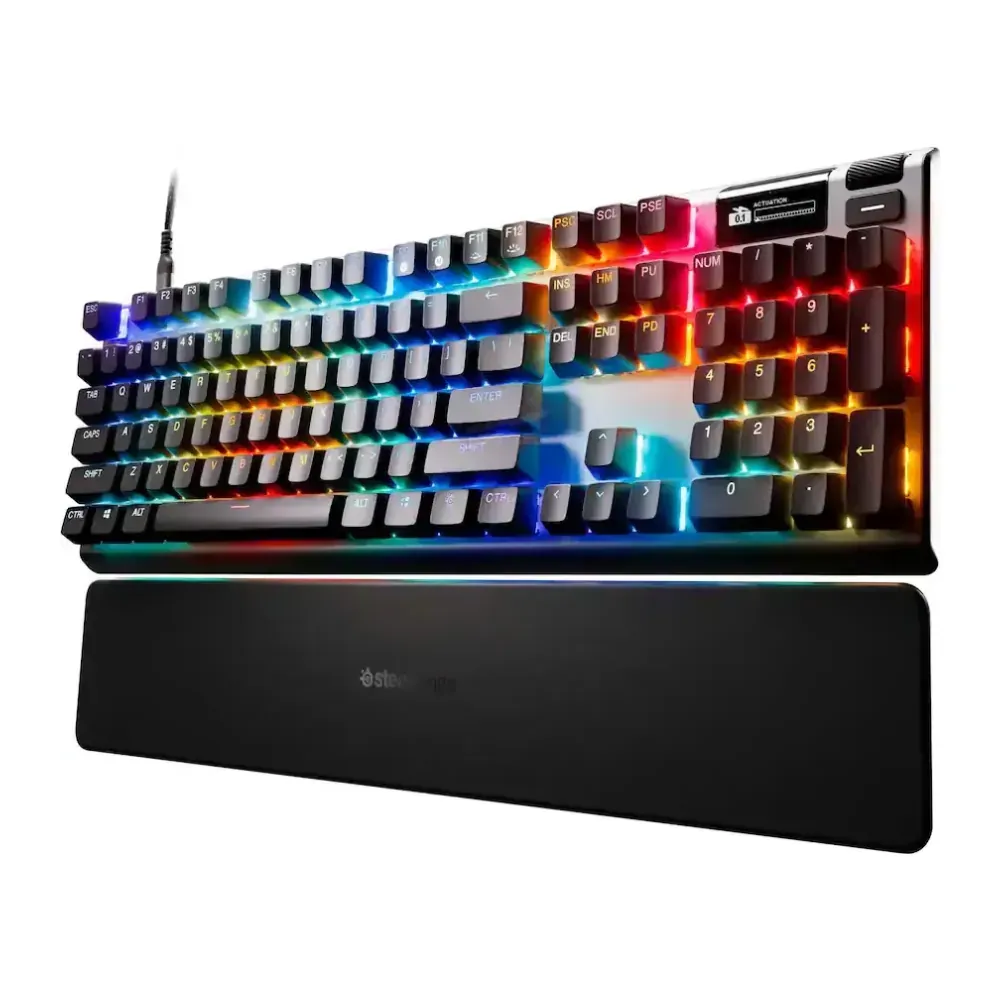 Wired RGB mechanical keyboard with colorful backlighting and a separate black wrist rest below.