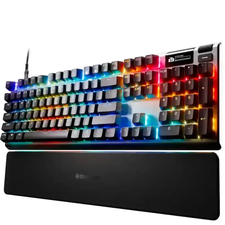 Wired RGB mechanical keyboard with colorful backlighting and a separate black wrist rest below.