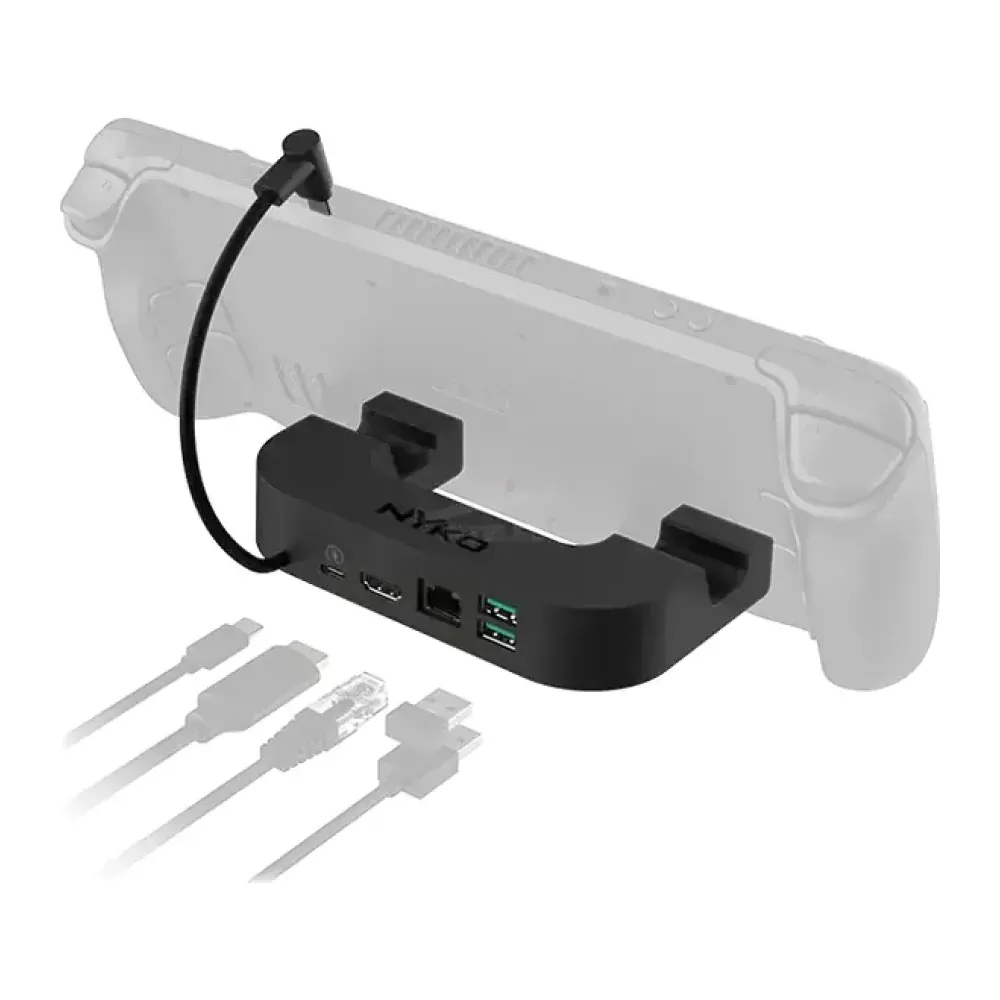 Docking station for a handheld gaming console with side controllers attached and multiple charging cables in front.
