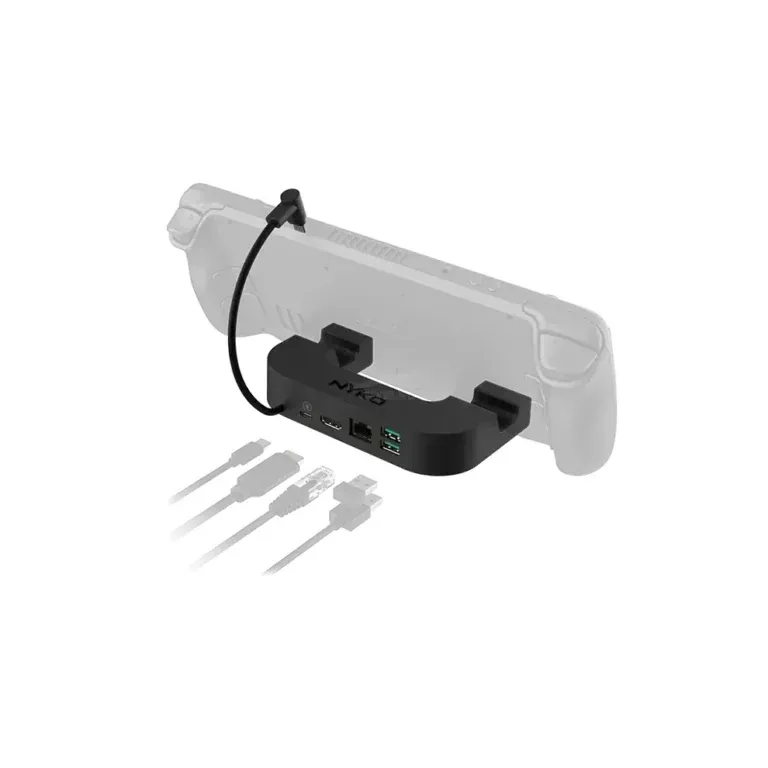 Docking station for a handheld gaming console with side controllers attached and multiple charging cables in front.