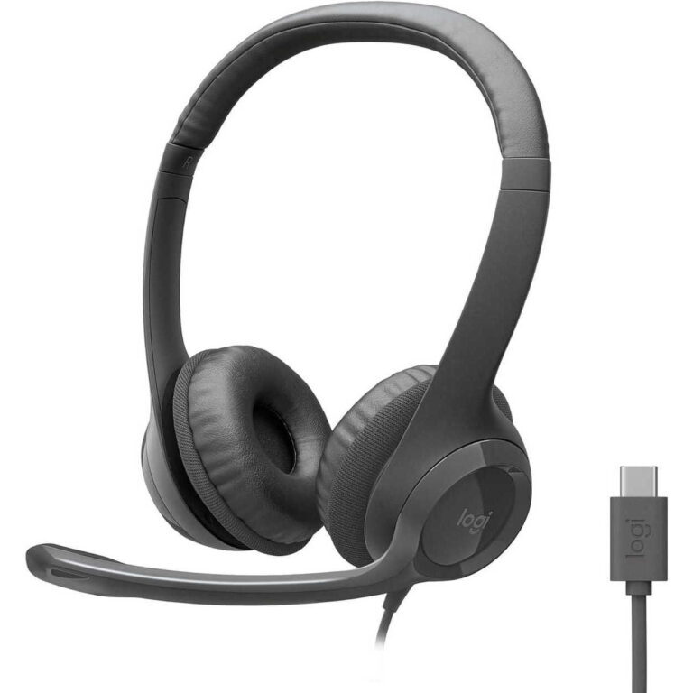 Gray wired over-ear headset with cushioned ear cups and a flexible microphone, USB adapter shown nearby.