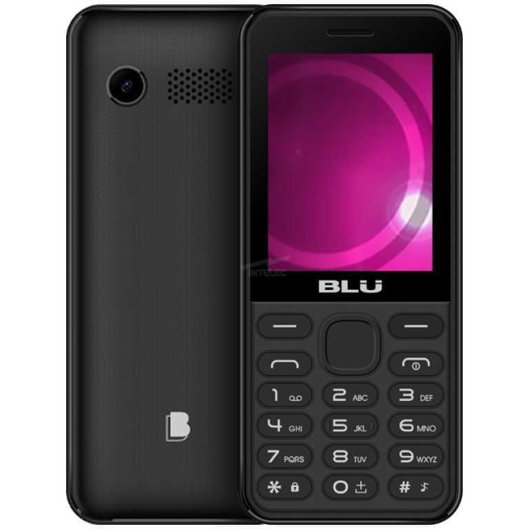 Front and back views of a BLU feature phone with a purple screen and full physical keypad, showing camera and speaker on the back panel.