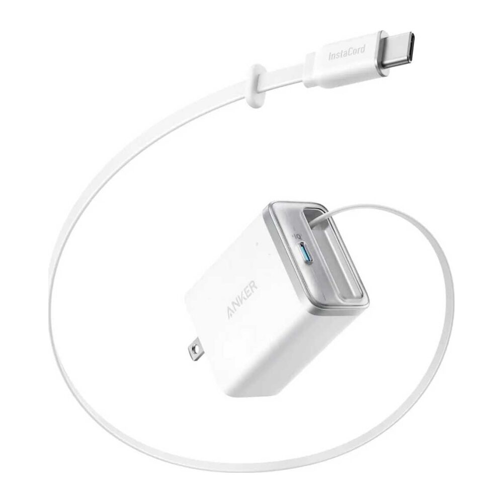 White Anker USB-C wall charger with a single USB-C port and a white USB-C charging cable visible nearby.