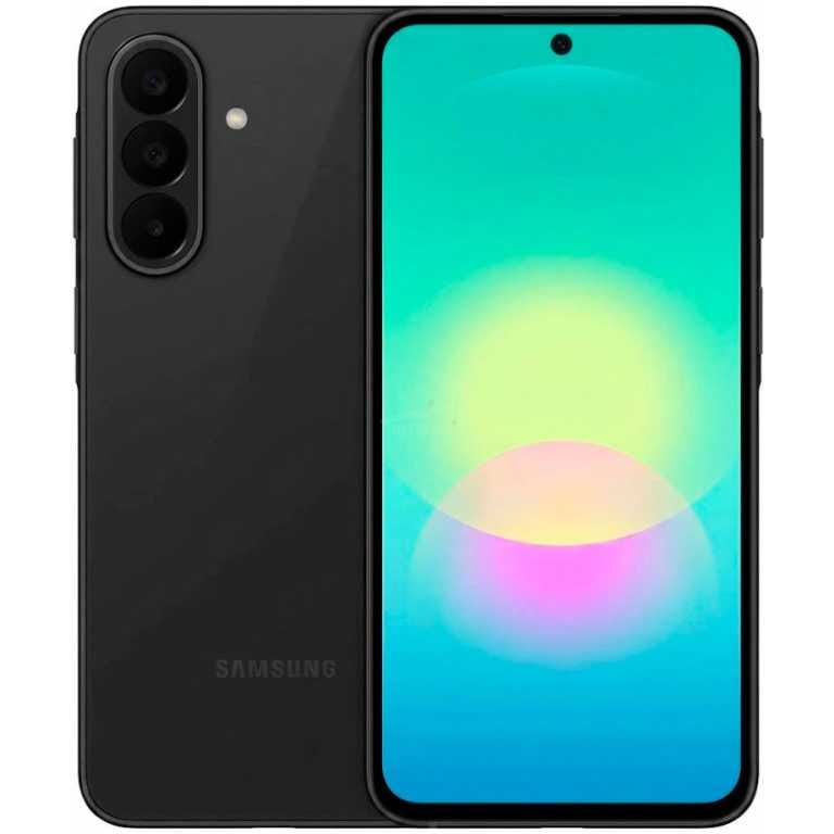 Black Samsung smartphone shown from front and back, featuring a teal gradient display and a triple-camera rear setup.