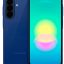 Blue Samsung smartphone shown from back and front with triple camera module on the left and a bright colorful display on the right surface of the phone.