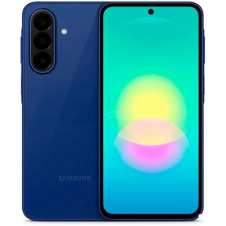 Blue Samsung smartphone shown from back and front with triple camera module on the left and a bright colorful display on the right surface of the phone.