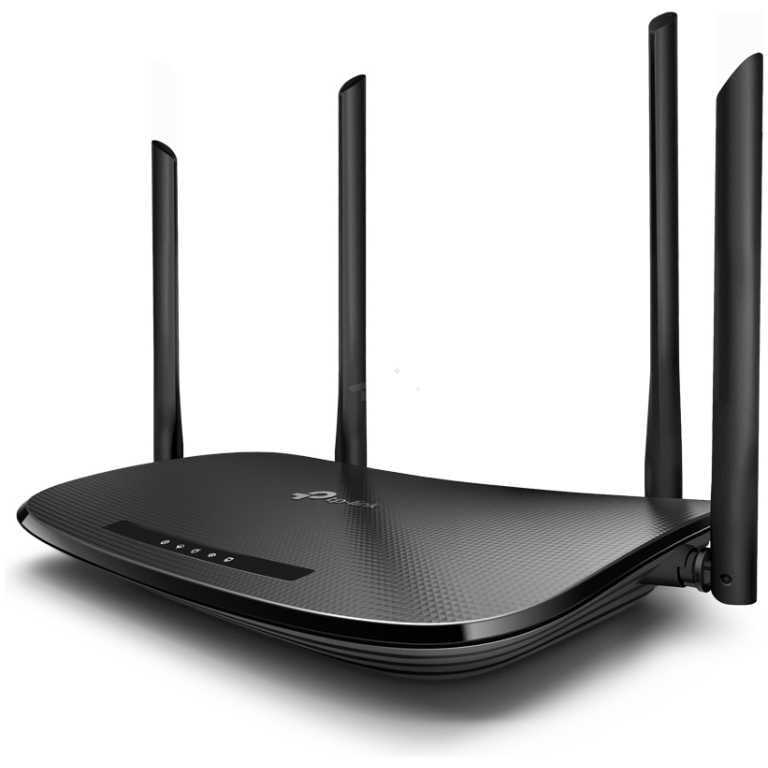 Black wireless router with four external antennas on a white background.