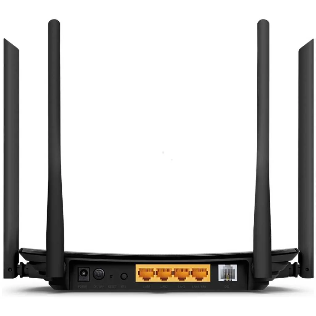 Back view of a black wireless router with four external antennas, showing power/WPS/reset area and yellow LAN Ethernet ports at the back.
