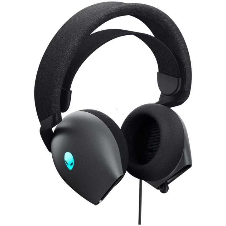 Wired black over-ear gaming headset with padded headband and turquoise alien logo on the ear cup, microphone arm visible.
