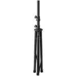 Black aluminum camera tripod with three legs extended and leg-lock clamps, standing upright on a white background.
