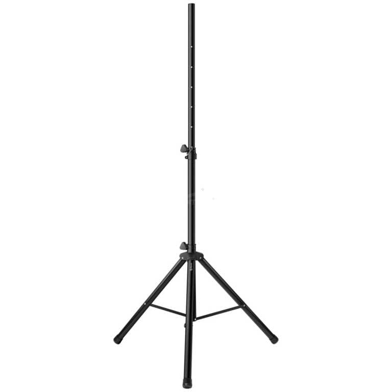 Black adjustable photography light stand with a three-legged base on white background, ready for mounting a light or accessory.