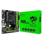 BoTEC WA320 motherboard with lime-green RAM slots beside bright green packaging box.