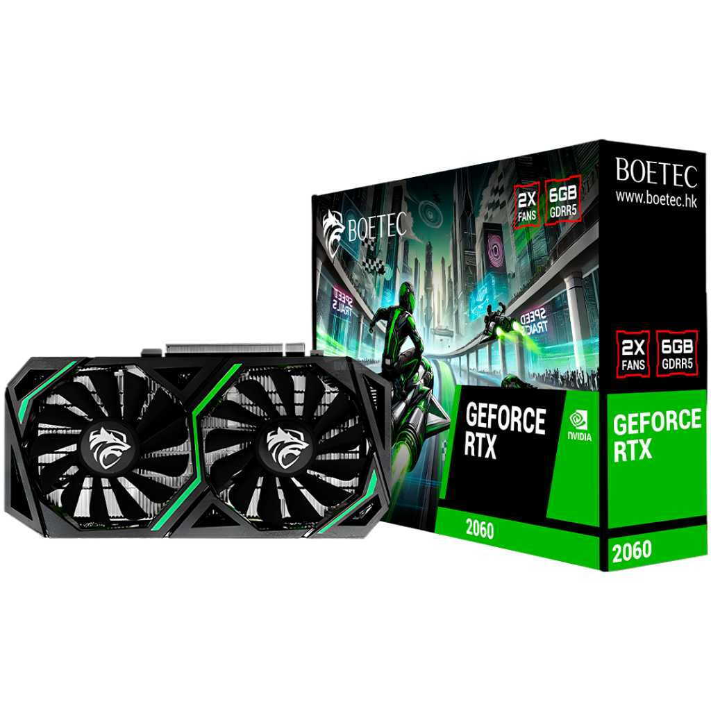 GeForce RTX 2060 graphics card with dual fans next to its green-and-black box packaging, black background