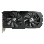 Dual-fan graphics card with a black cooling shroud and dragon logos on the fans.