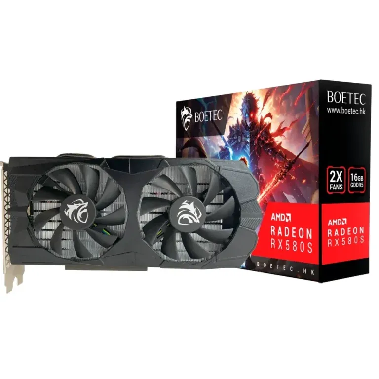 Dual-fan AMD Radeon RX 580S graphics card placed beside a Boetek packaging box