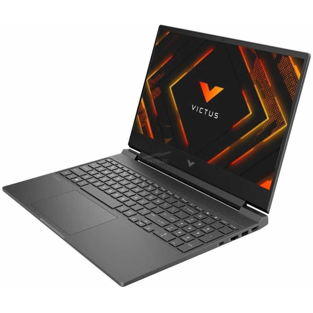 Open dark gray gaming laptop on a white background, screen displaying a bold orange Victus logo.