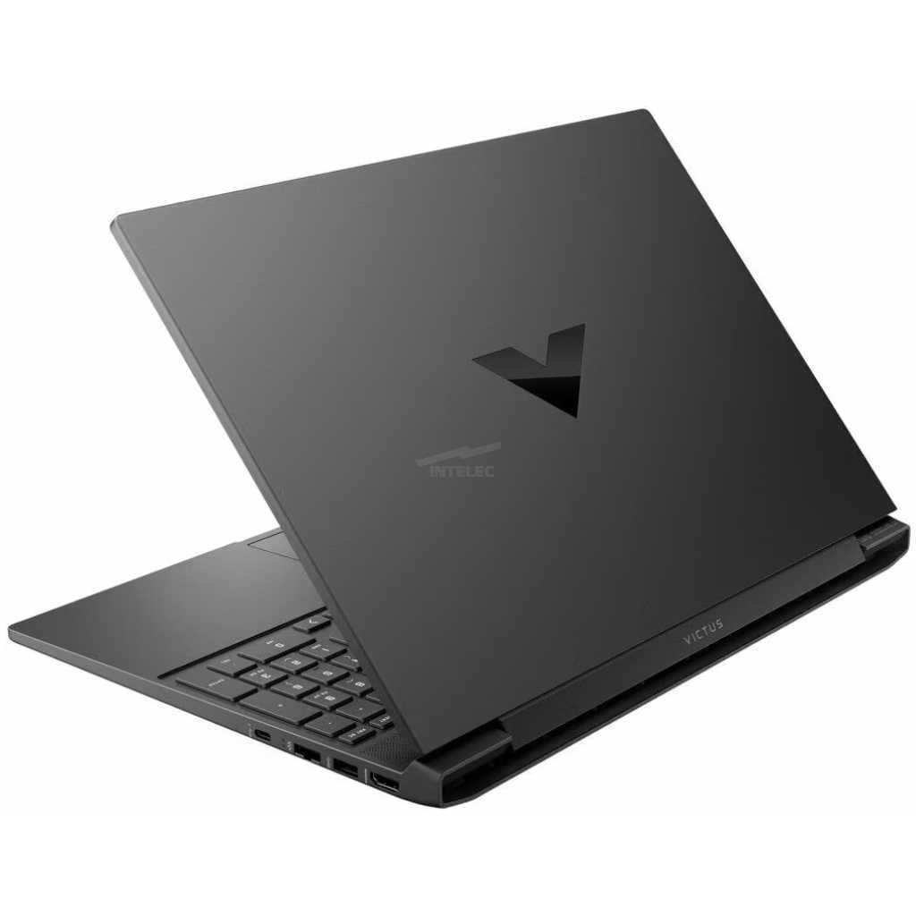 Slope-angle black gaming laptop open, keyboard visible with brand logo on lid, resting on white background