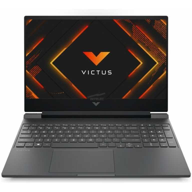 Open laptop showing a black screen with an orange geometric design and the Victus logo, indicating a Victus gaming laptop