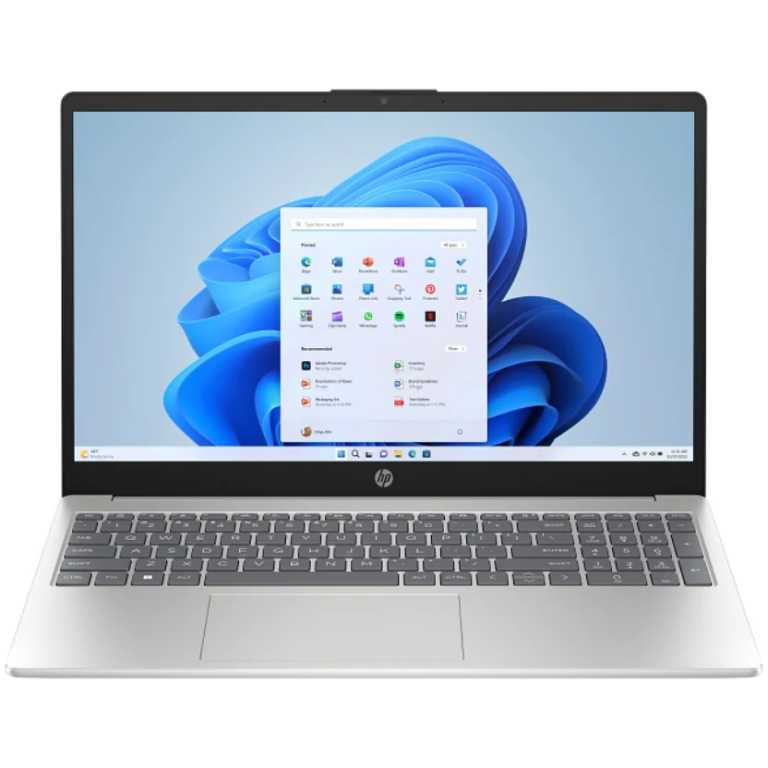 HP laptop opened to a Windows 11 desktop, showing a centered app grid on a blue background.