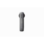 Vertical view of a gray handheld audio recorder with a textured body, showing the power button and two control buttons on its front.