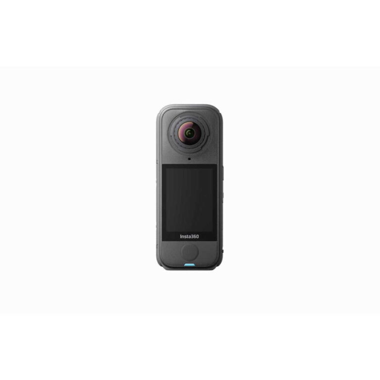 Insta360 action camera front view showing round lens above a touchscreen display on a gray body.