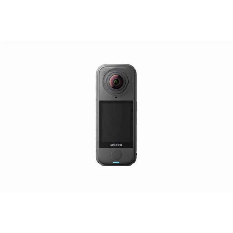 Insta360 action camera front view showing round lens above a touchscreen display on a gray body.
