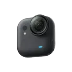 Small black action camera with a large front lens and blue status LED.