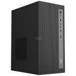 Black desktop computer tower with a ribbed front panel and front USB/audio ports visible on the right edge