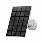 Close-up of a tilted solar panel mounted on a gray bracket against a white background.