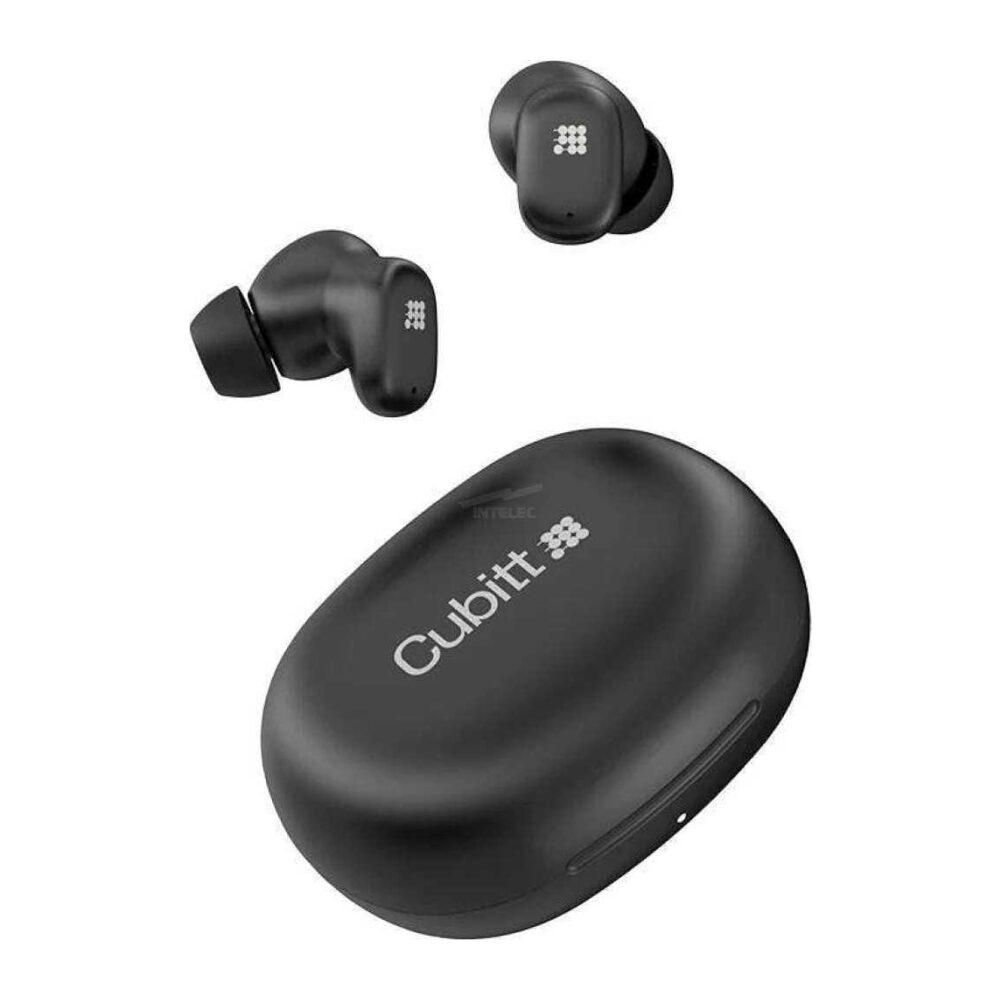 Pair of black true wireless earbuds and a compact charging case with a small cube logo and 'Cubit' branding.