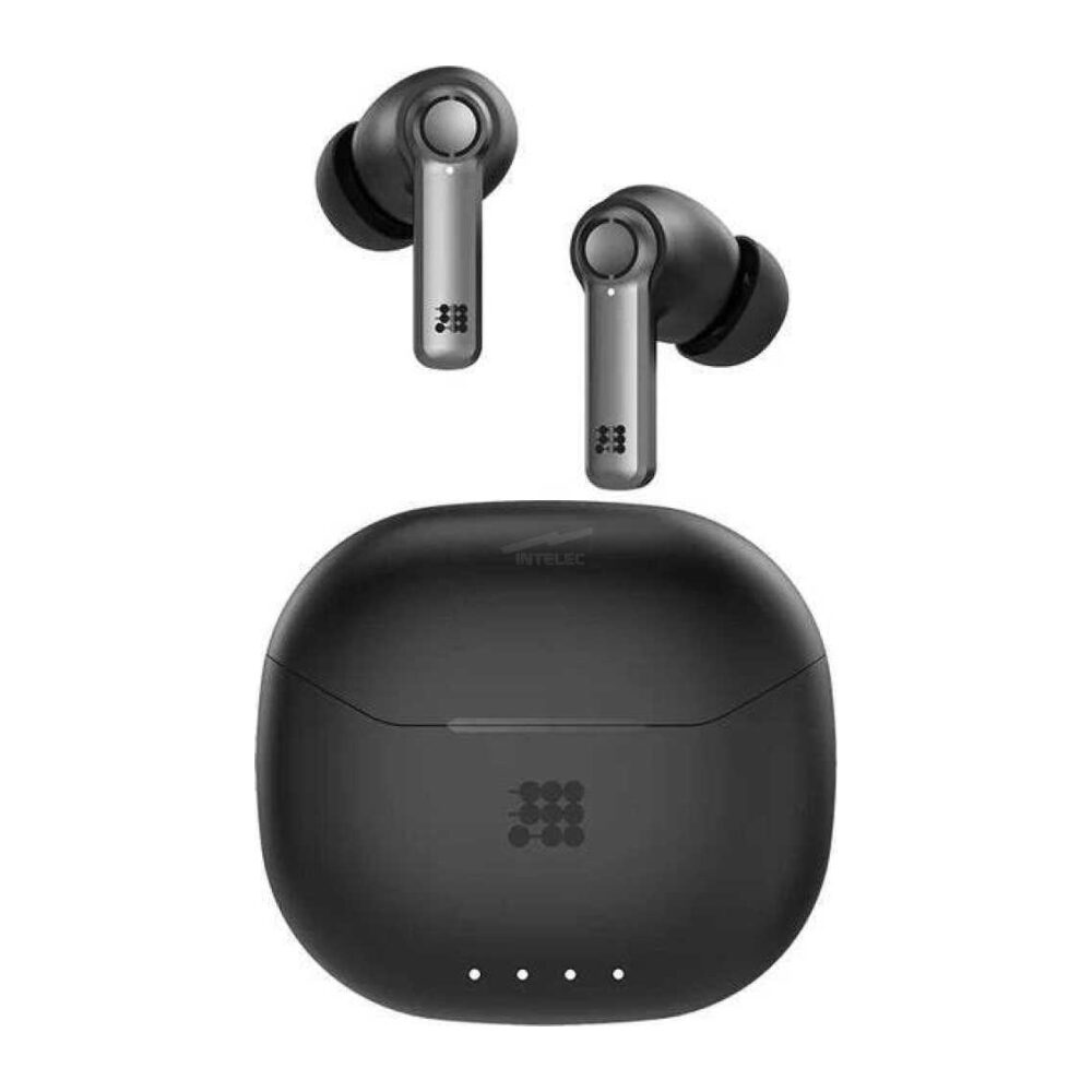 Wireless earbuds with silver stems and black silicone tips, shown with a black charging case.