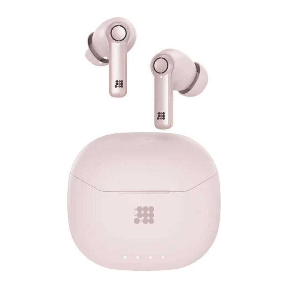 Pair of pink wireless earbuds with a matching charging case, shown from the front with the case lid closed and four LED indicators visible on the case.