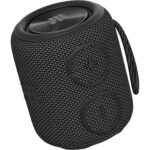 Black cylindrical portable Bluetooth speaker with a textured fabric exterior and a bold plus sign button on the side, plus a carrying strap